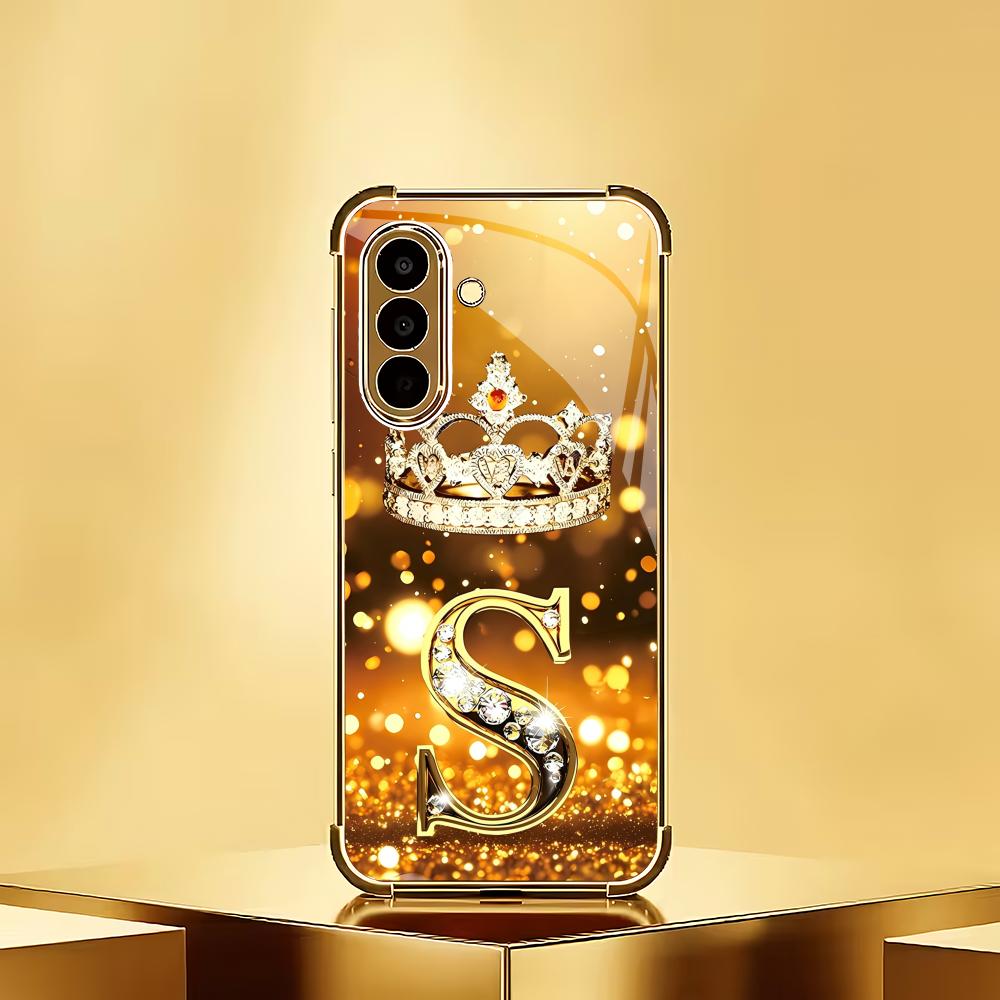 Funda de teléfono de cristal electrochapado con letra S de corona adecuada para Samsung Galaxy S26 S25 S24 S22 S21 S20 FE/Ultra/Plus anticaída
