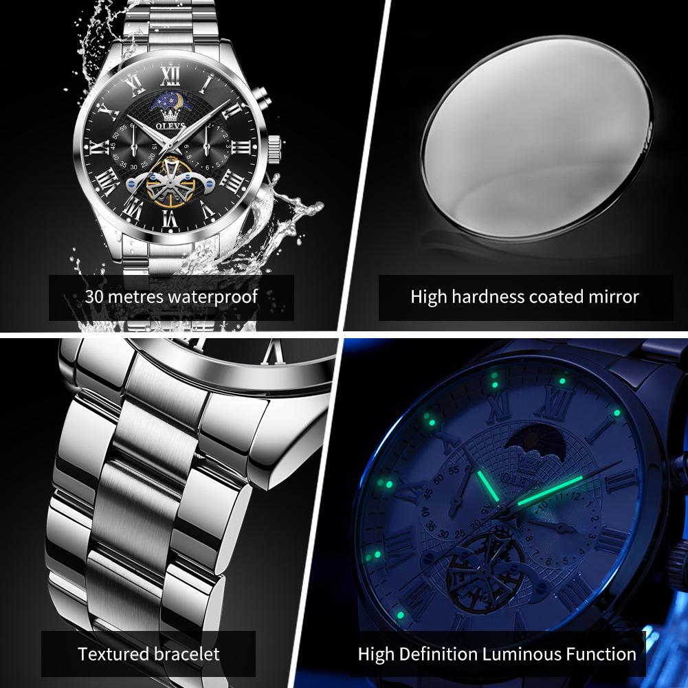 OLEVS Men's Watches Luxury Fashion Fine Steel Original Quartz Wristwatch for Man Flywheel Chronograph Moon Phase Waterproof New