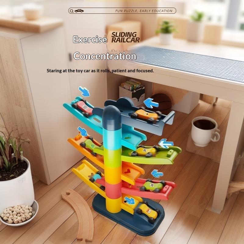 Toddler Car Sliding Ramp Toy with Mini Cartoon Cars Multi Layer Tracks BPA Free Smooth Surface Play Set for 1-3 Year Old Baby Boys Girls