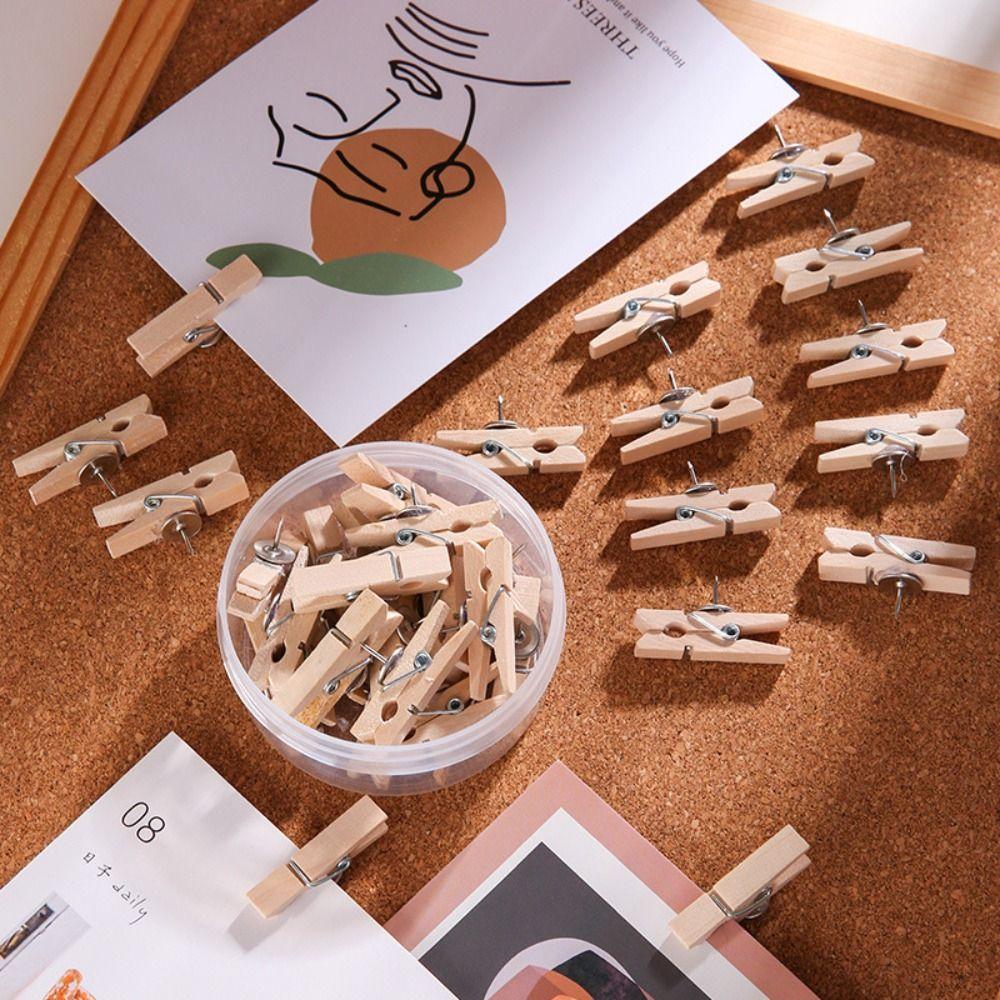 20Pcs/Box DIY Wooden Clip Push Pins Reusable Pushpins with Clips  Photo Wall Decor