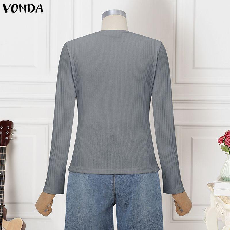 VONDA Women Casual Round Neck Long Sleeve Plain Front Cross Rib Blouse