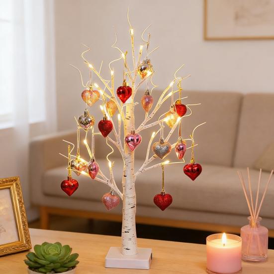 25" Valentine's Day LED Lighted Birch Tree 24 LEDs Artificial Tree Light with Heart Ornaments Romantic Tabletop Decoration for Home Indoor Table Decor