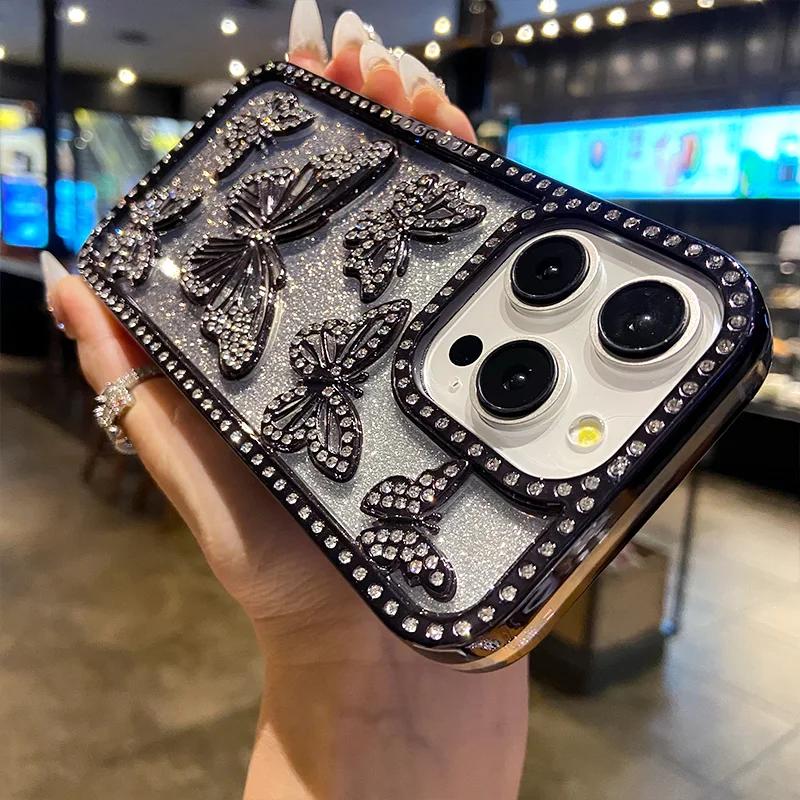 3D Fashion Electroplate Butterfly Glitter Diamond Phone Case for IPhone 17 16 Pro Max 15 14 13 12 11 Transparent Back Cover