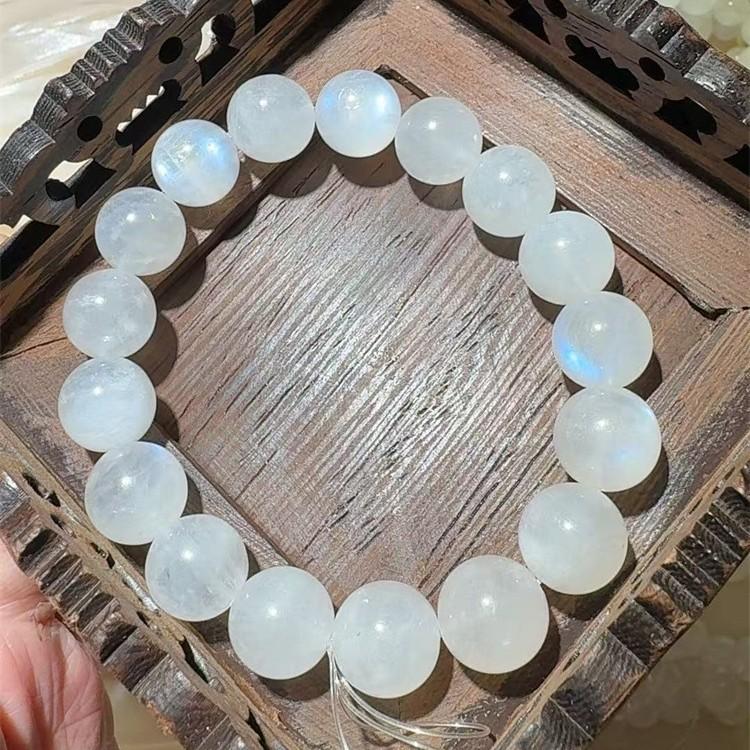 Natural Crystal Natural Blue Moonstone Round Bead Bracelet White blue light moonstone bracelet 7mm（25Left and Right）