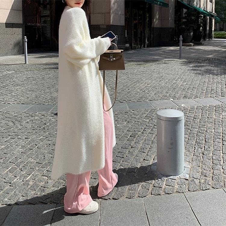 Mink Velvet Knee-Length Sweater Cardigan for Women - Autumn Winter Loose Knit Style