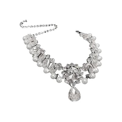 Elegant French Inspired Water Droplet Floral Necklace Sparkling Crystal Rhinestones Adjustable Neck Chain for Women