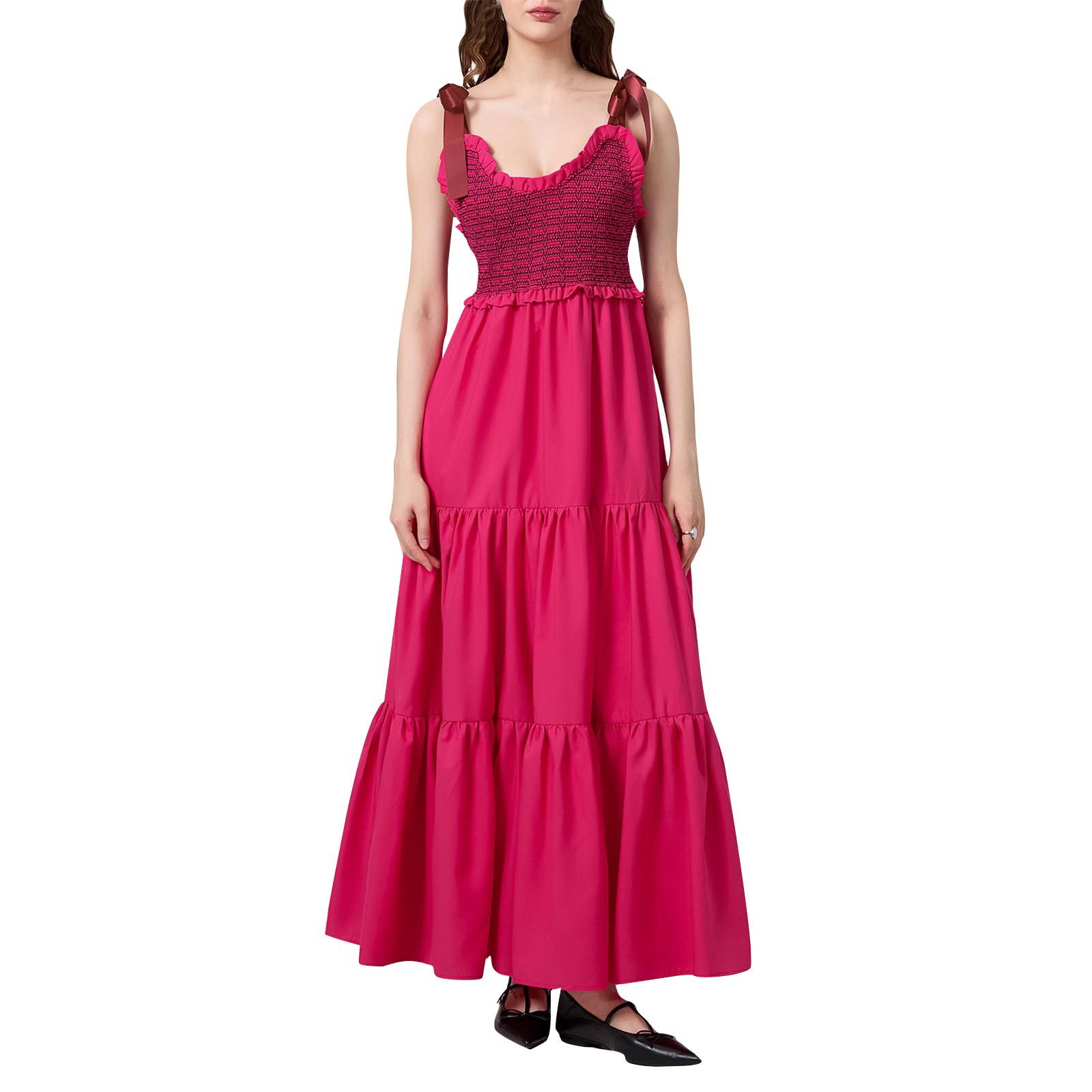 

Women s Summer Vest Colorblocking Dresses Swing Sleeveless Spaghetti Straps A-Line Sundresses M червоний