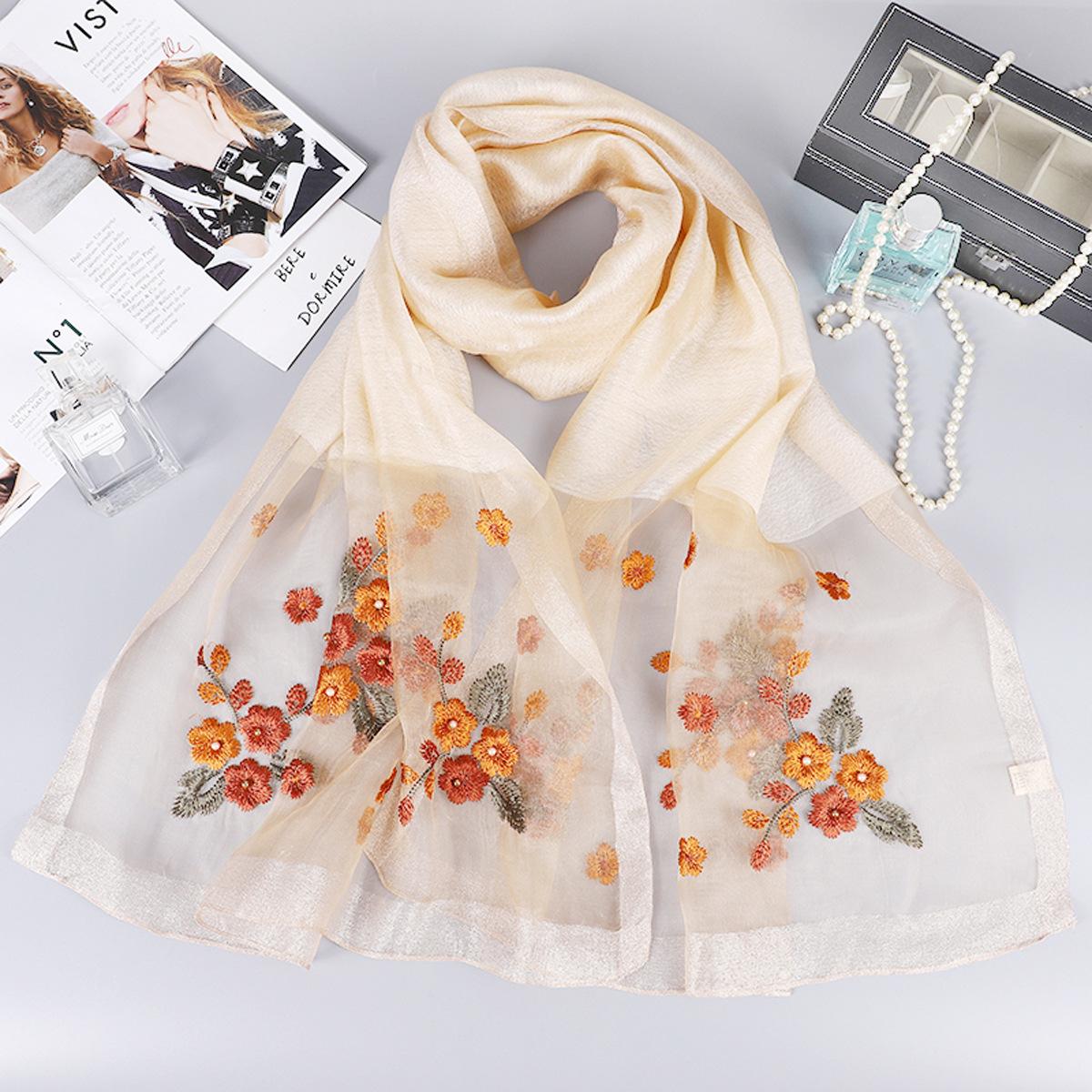 

MC Beaded Scarf Silk Wool Mulberry Silk Scarf for Women Spring and Autumn Embroidered Rhinestone Cheongsam Shawl бежевий