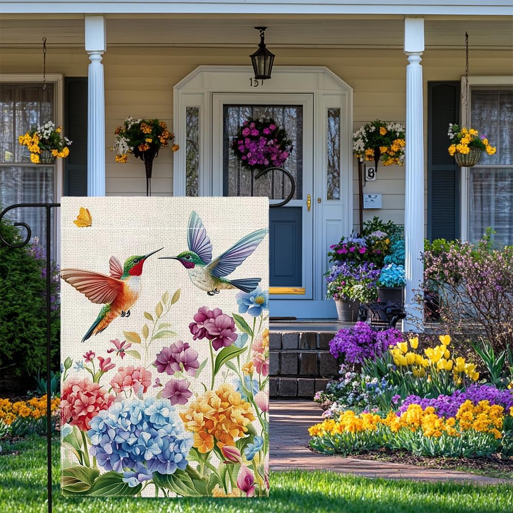 Hummingbirds Hydrangea Flowers Garden Flag 12x18 Inch Double Sided Spring Summer Colorful Floral Yard Outdoor Flag Holiday O