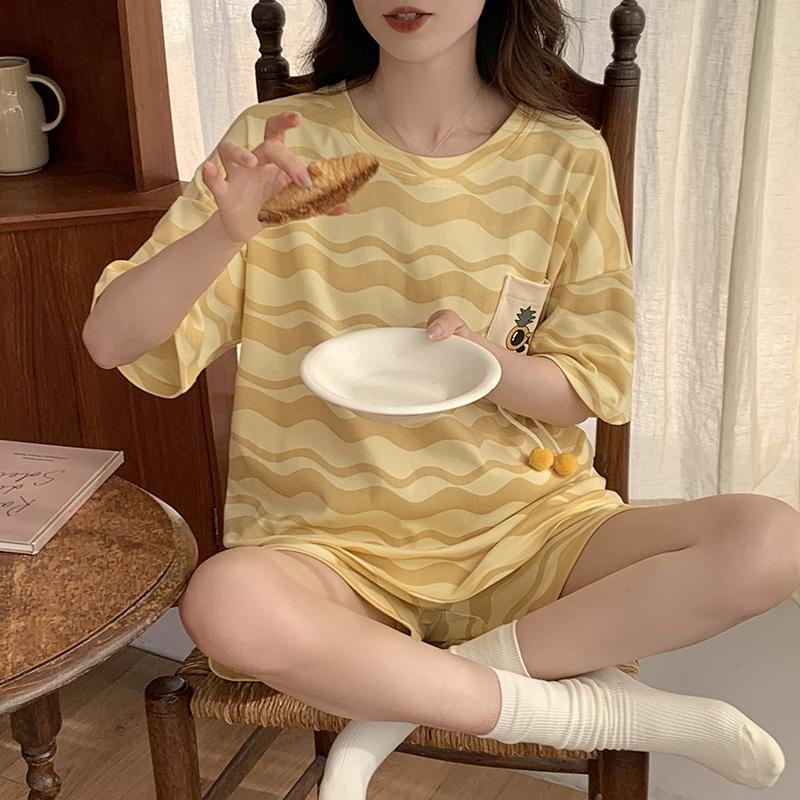 Summer Woman Pajama Cotton Cartoon Sleepwear Orange Cartoon Printing Pyjamas Set Young Lady Shorts Pullover Lingeries
