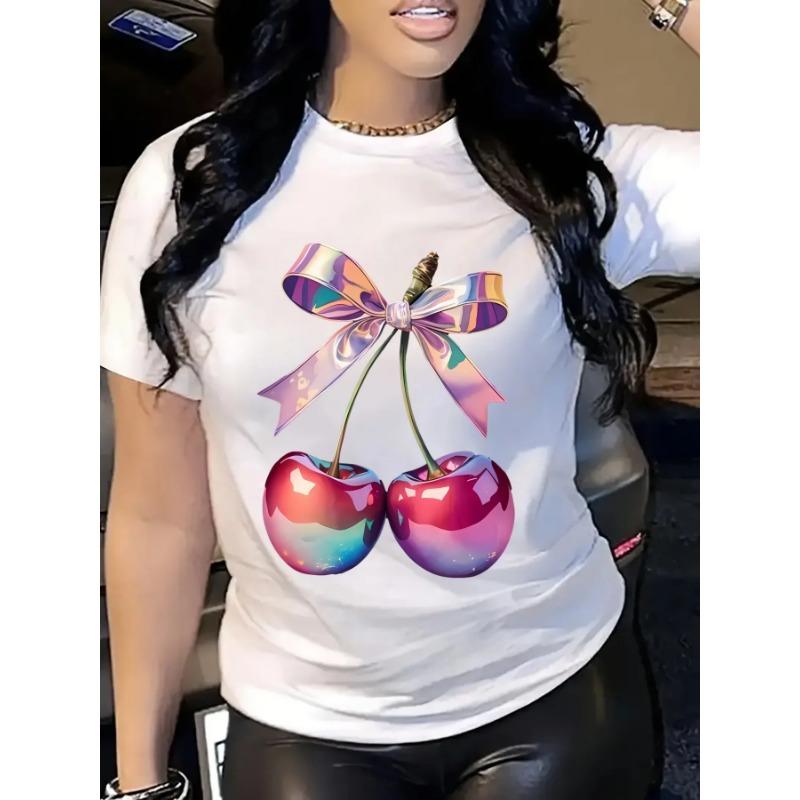 Round Neck Summer Comfortable Stretchy Fabric Casual Outings Wear Women's Casual Short Sleeve T-Shirt Vibrant Cherry Breathable