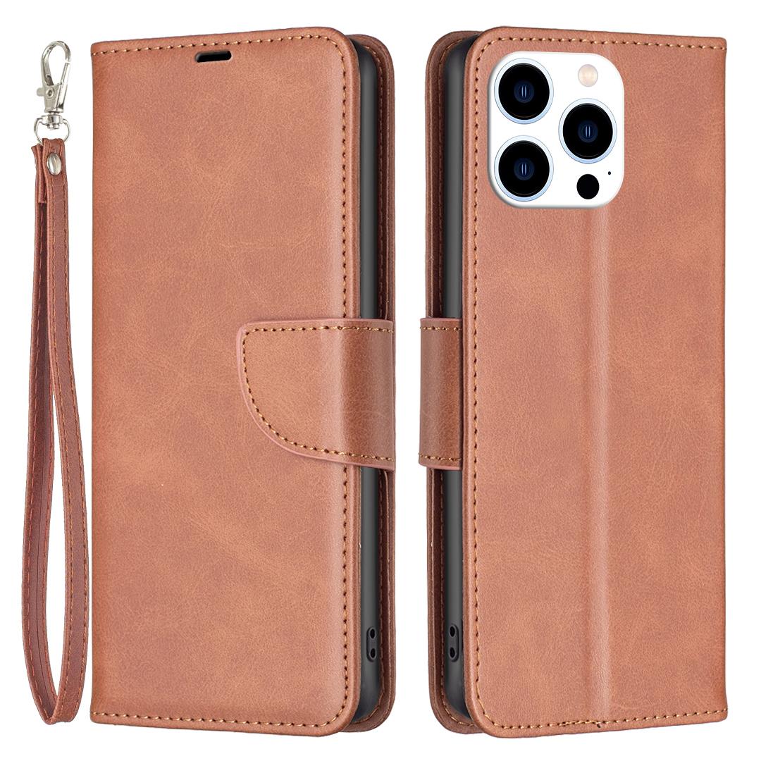 

For iPhone 16 Pro Case Folding Stand Anti-Fall Leather Mobile Phone Cover with Hand Strap Brown