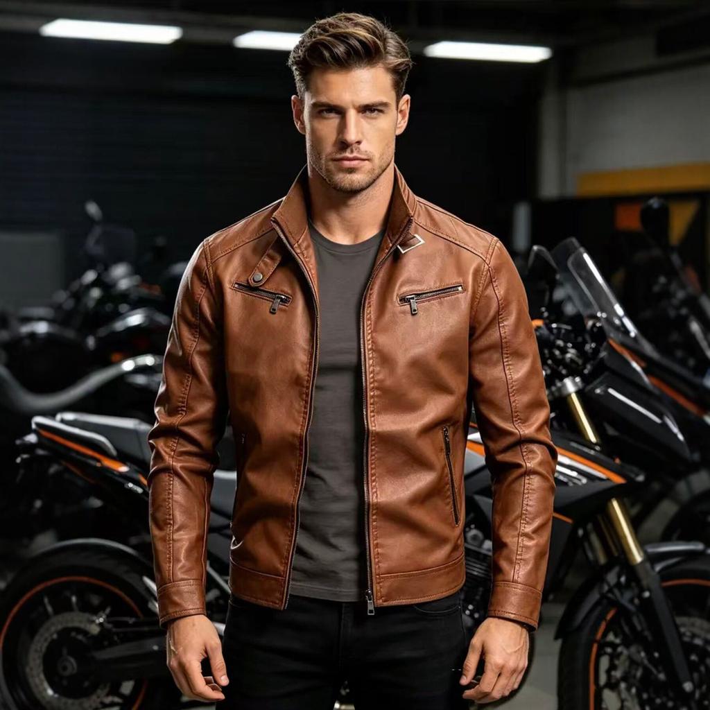 European and American men's locomotive leather jacket stand-up collar slim-fitting PU leather jacket autumn and winter casual coat