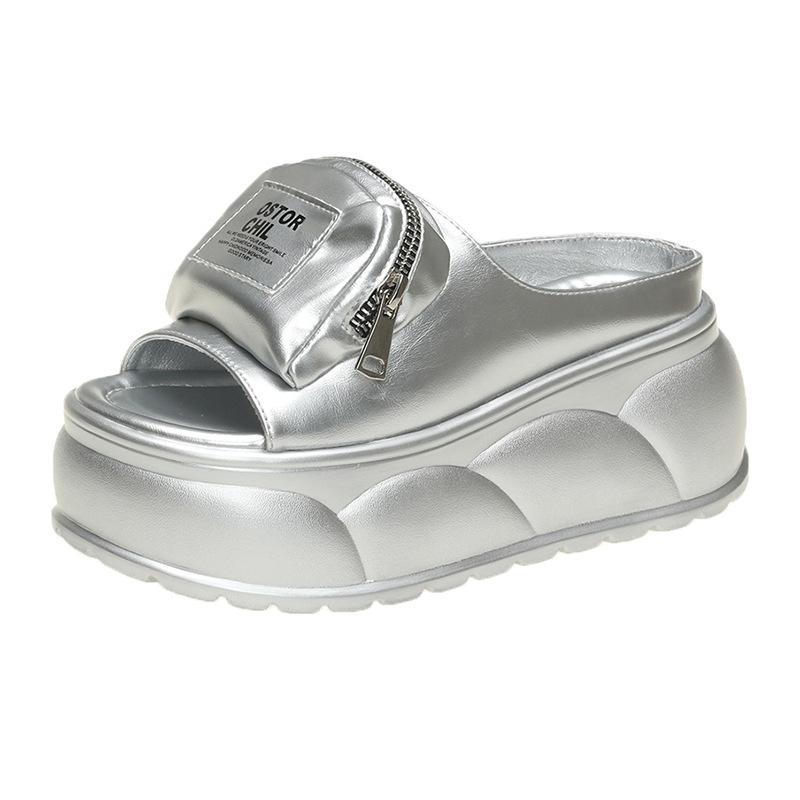 

Niche design sense thick bottom height increase versatile silver slippers women s summer new wear Internet celebrity ins doll one-word drag 40
