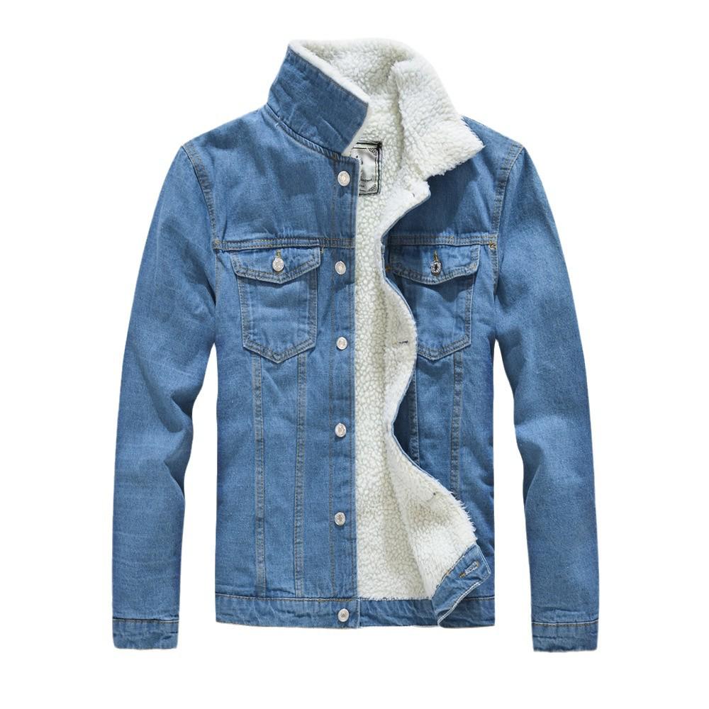 Herren Slim Fit Lammwolle Denimjacke, Hellblau gewaschen, Fleece gefüttert, Koreanischer Stil, Große Größen Winterjacke