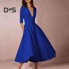 Women Midi Dress Deep V Neck A-line Flowy Hem Solid Color Half Sleeves Pure Color Dating Dress Prom Party Banquet Evening Dress