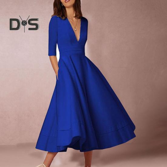 Women Midi Dress Deep V Neck A-line Flowy Hem Solid Color Half Sleeves Pure Color Dating Dress Prom Party Banquet Evening Dress