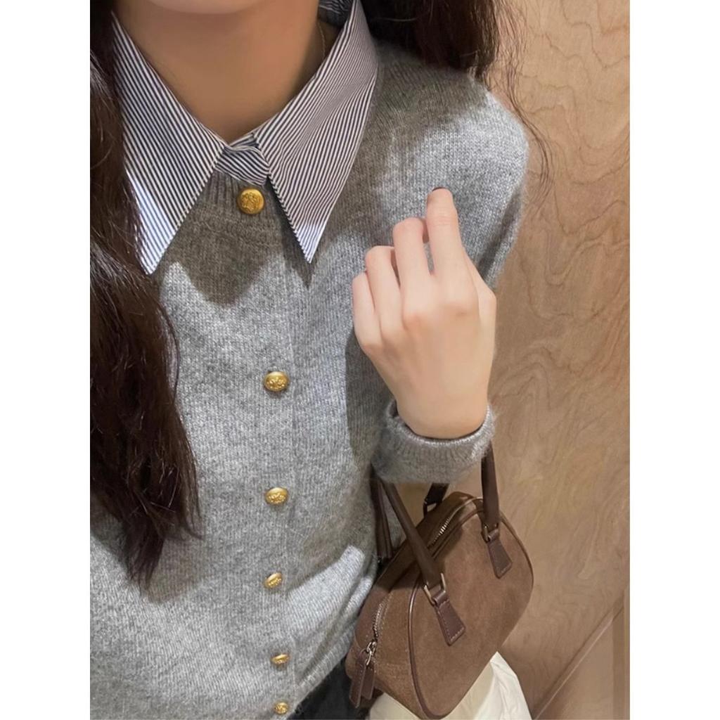 Korean version of gentle wind and thin temperament sweater jacket women's autumn and winter design shirt collar splicing knitted cardigan women