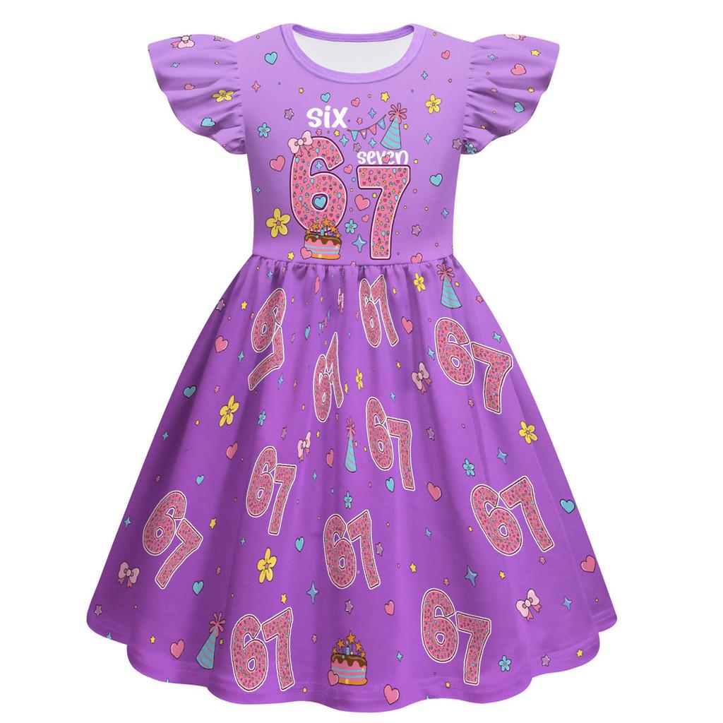 82866 Kids Girls Steal a Brainrot 67 Print Ruffle Sleeveless Princess Dress