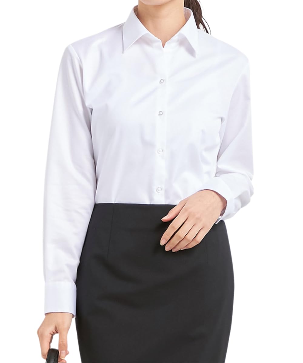 

Aoki Белая блузка с длинным рукавом, воротником-стойкой и защитой от УФ-лучей для женщин, Легкий уход, Гладить, Стирать, 100% хлопок, (LMFC2003)