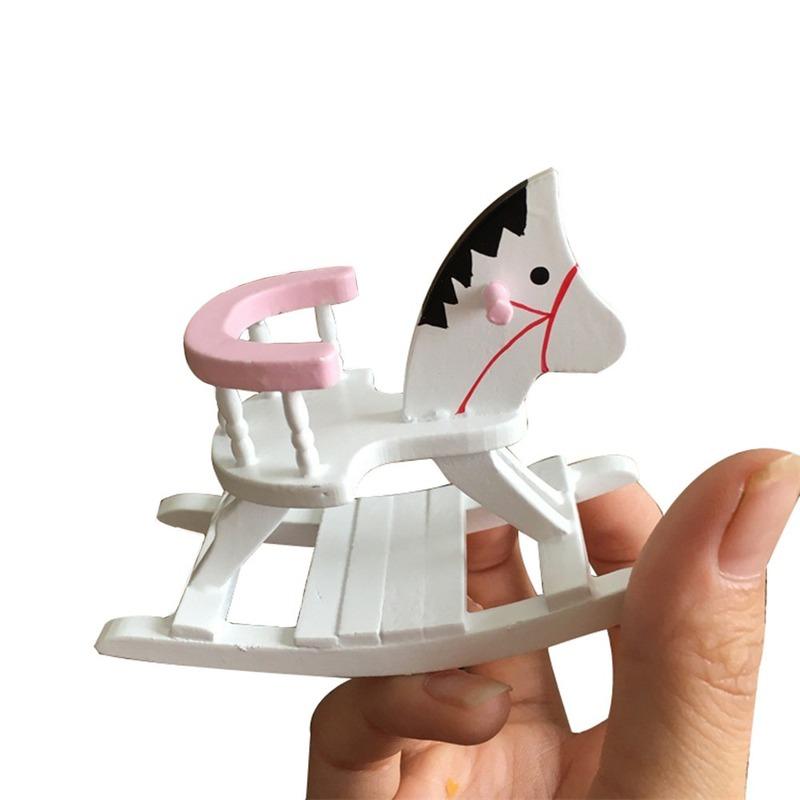 1pc Miniature White Wooden Rocking Horse Chair Nursery Room Furniture accessories