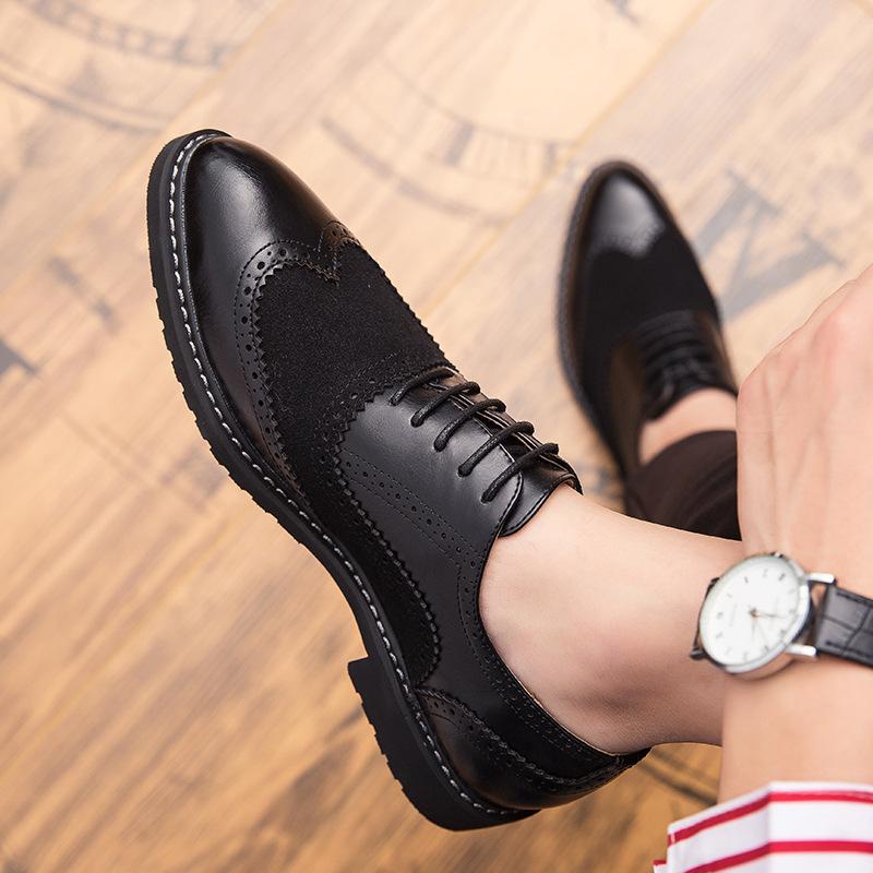 Brock leather shoes engraved British retro color matching casual large size studio small leather shoes 38 чёрный