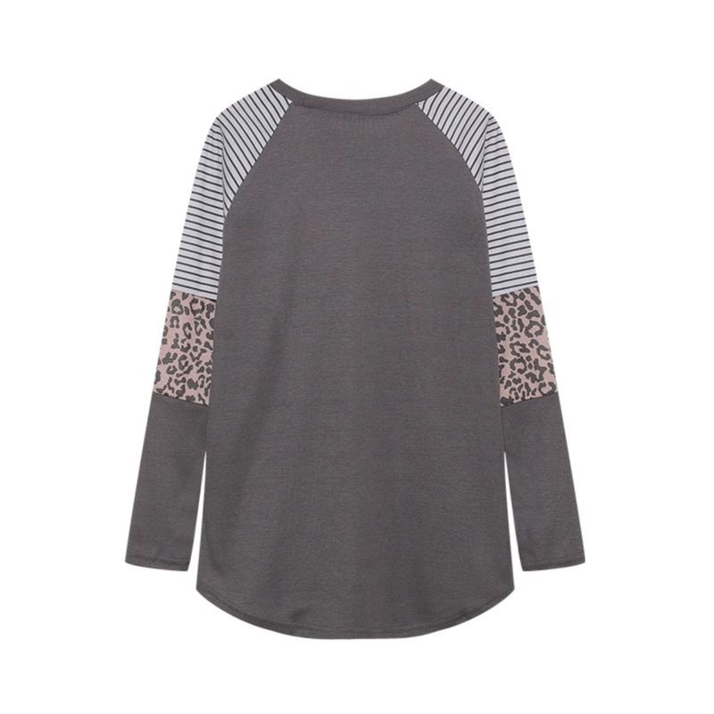 Cross-Border Fashion Autumn New round Neck Stripes Leopard Print Print Contrast Color Raglan Sleeve Long Sleeves T-shirt Women's Fashion All-Matching