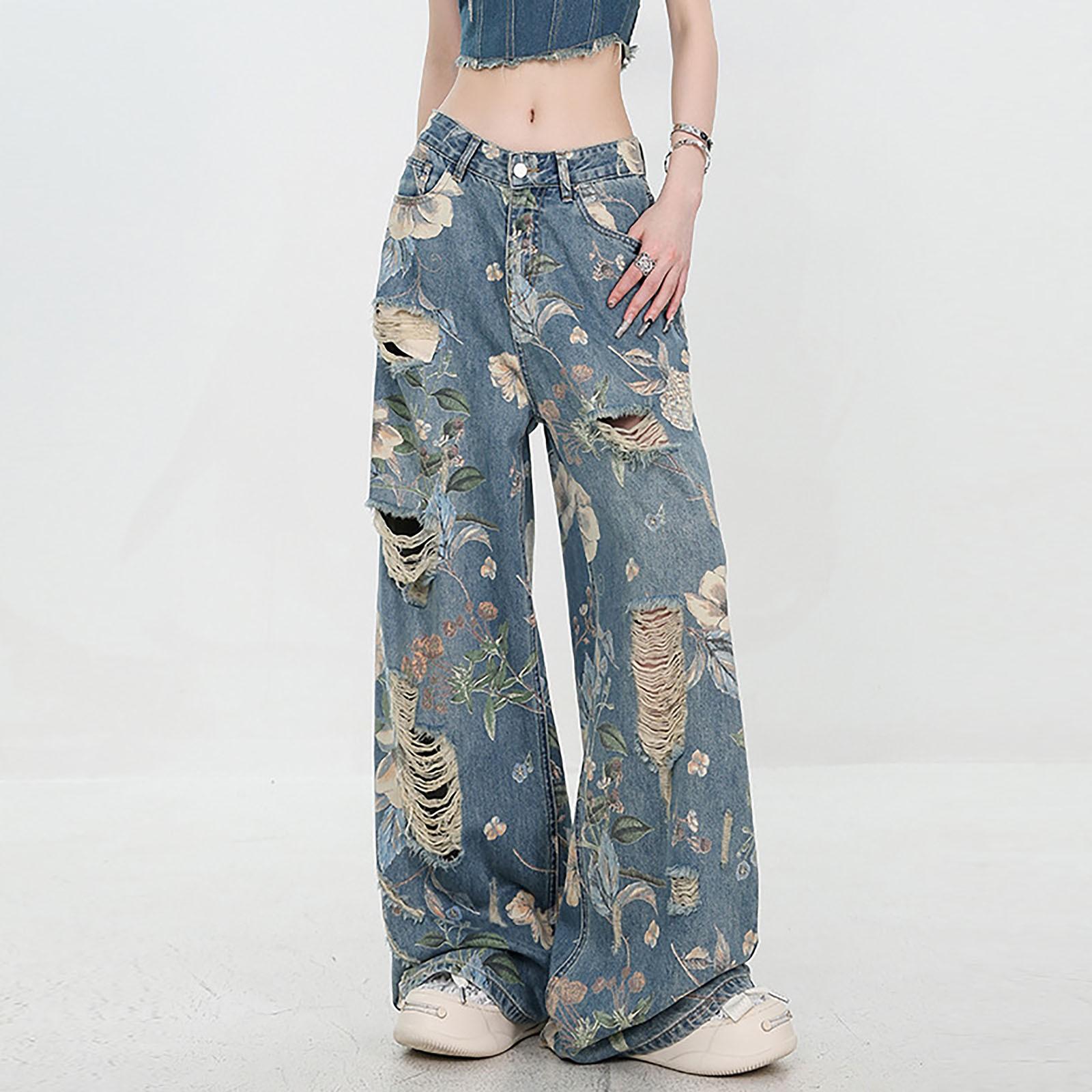 Женская мода ретро личность потертый старый с высокой талией ретро свободные прямые — фото 8