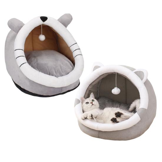 Pat peșteră pisică drăguță Cuib amuzant pentru pisici cu bilă suspendată Pat confortabil pentru calmarea pisicilor cu urechi Perna lavabilă detașabilă pentru pisici de interior, pisoi și animale de companie mici