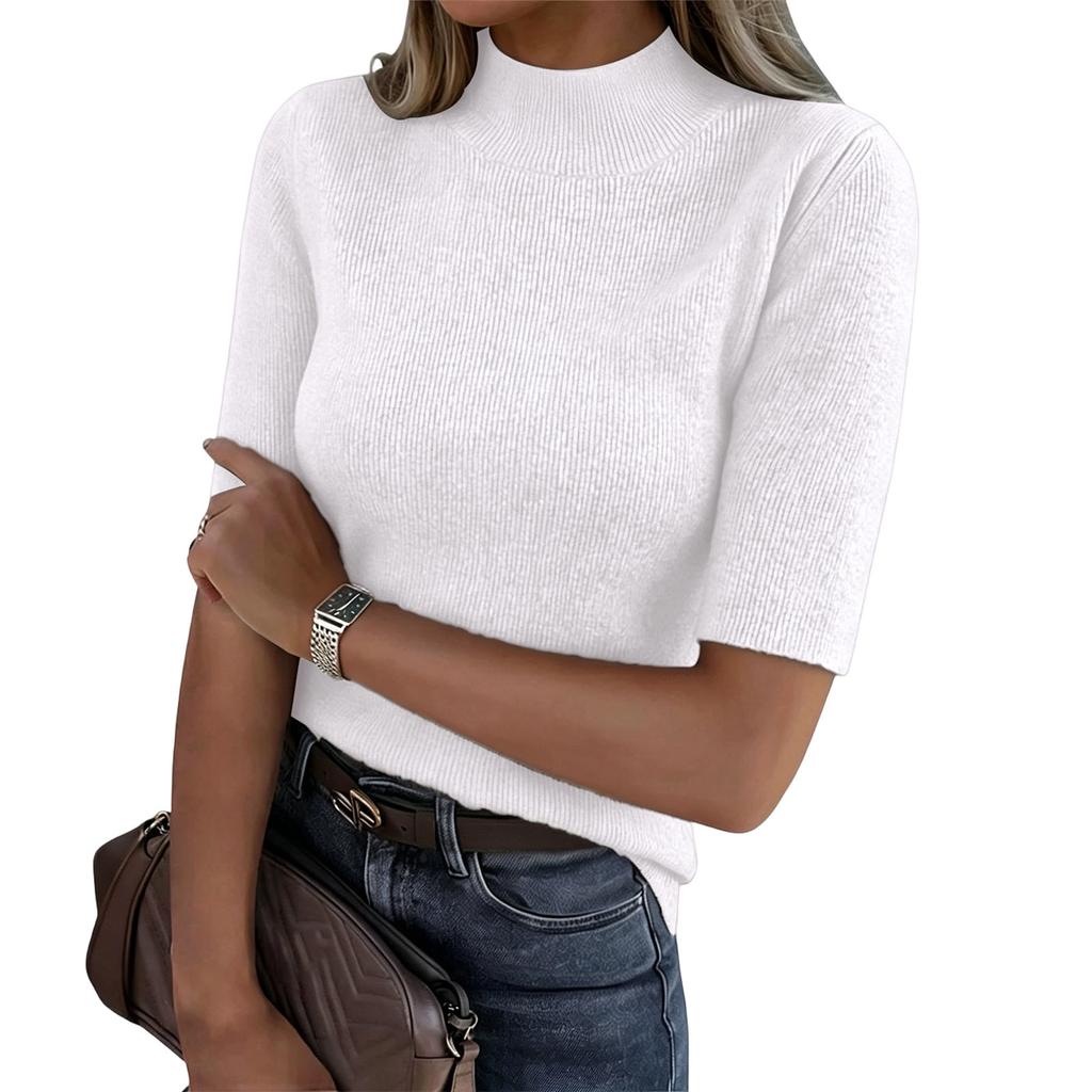 Women’s Short Sleeve Mock Neck Knitted Pullover Sweater Top Soft Ribbed Stretchy Slim Fit Lightweight Basic Jumper