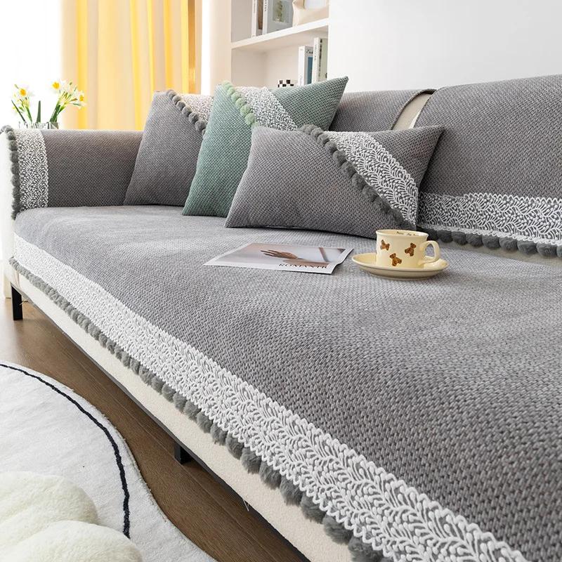 White Delicate Lace Hydrangeas Sofa Covers Towel Soft Chenille Couch Cover For Living Room Bay Window Pad L-shaped Sofa Decor