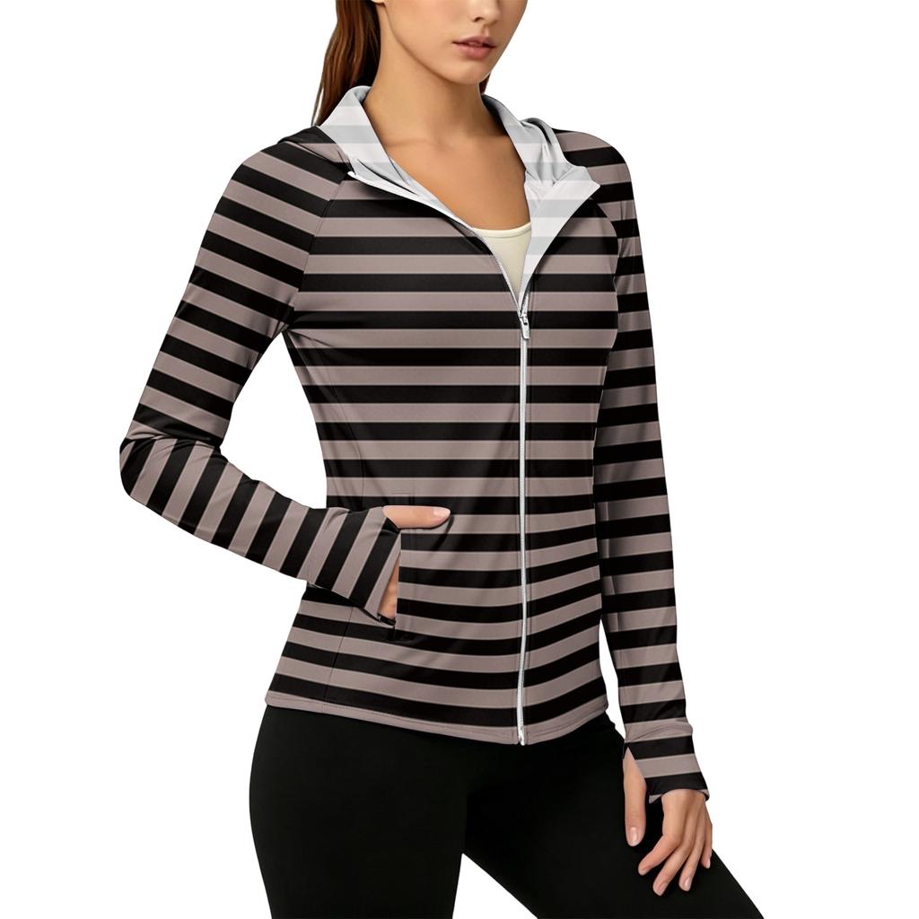 Women Zip Up Hoodie with Pockets Long Sleeve Lightweight Striped Sun Jacket Casual Hooded Top
