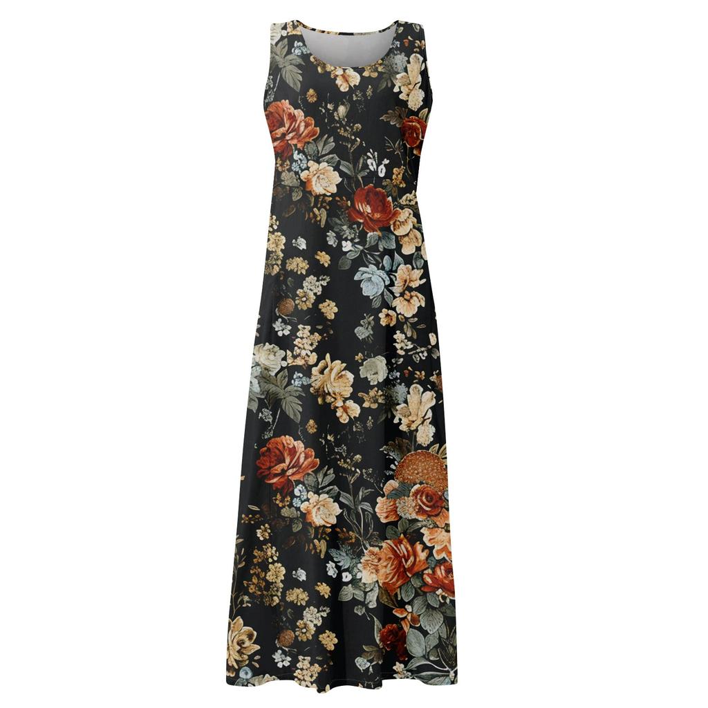 Lässiges, bequemes, ärmelloses Baumwolltaschenkleid mit Blumendruck für Damen