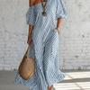 Women's Striped One Shoulder Maxi Dress Three Quarter Sleeve Loose Fit Vacation Dress
