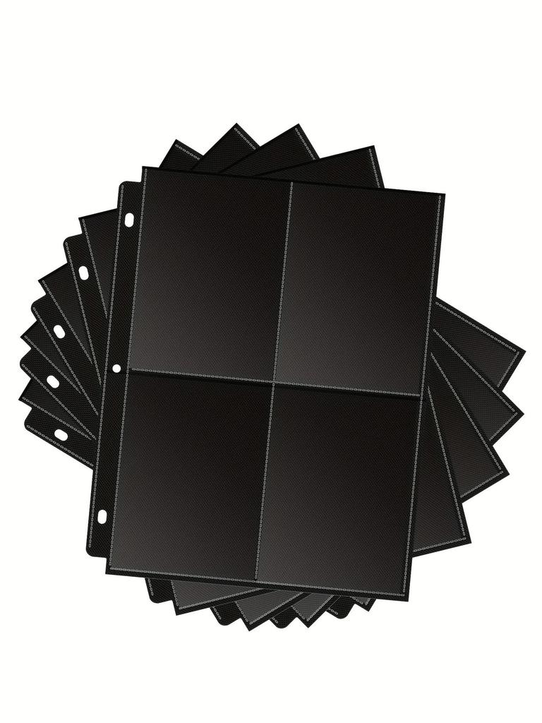 Four-pocket black card sleeve pages, 3-hole double-sided, fits for postcards, photo cards, etc
