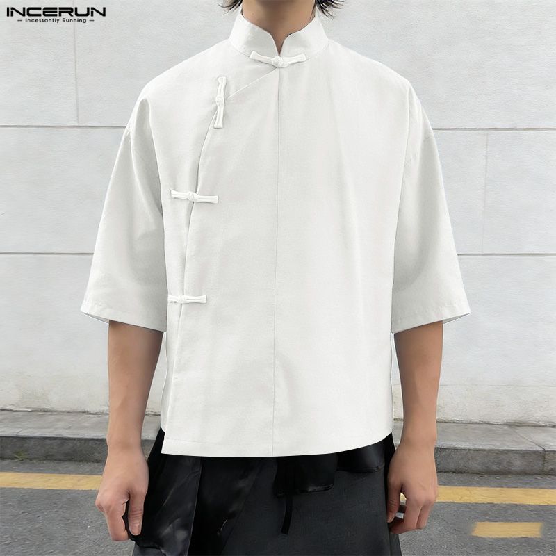INCERUN Summer Men Vintage Stand Neck Short Sleeve Side Buttons Casual Vintage Shirts