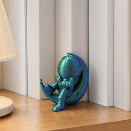 Yousheng 3D Printed Moon Astronaut Figurine, Sitting on Crescent Moon Spaceman Statue, Astronaut Desktop Decoration for Home