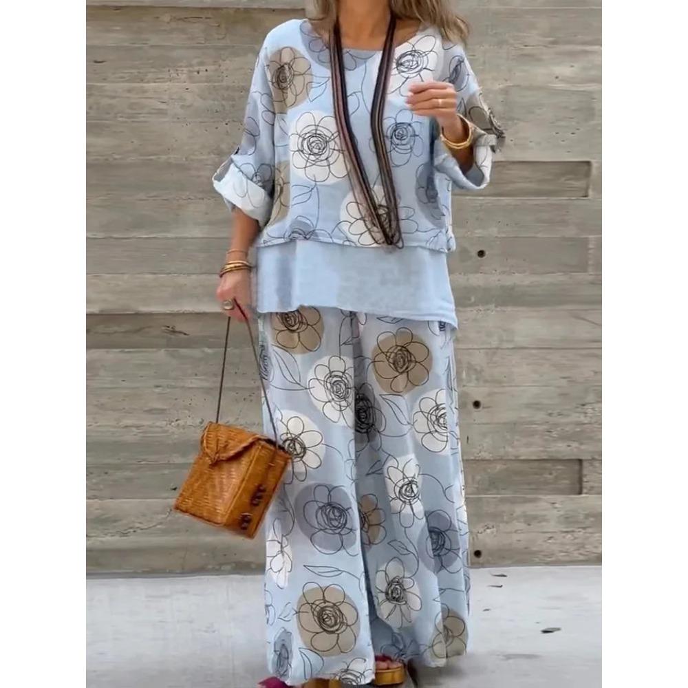 

Осенняя Новая Коллекция Женских Модных Повседневных Двойных Свободных Брюк с Круглым Вырезом и Принтом 5XL светло-синий