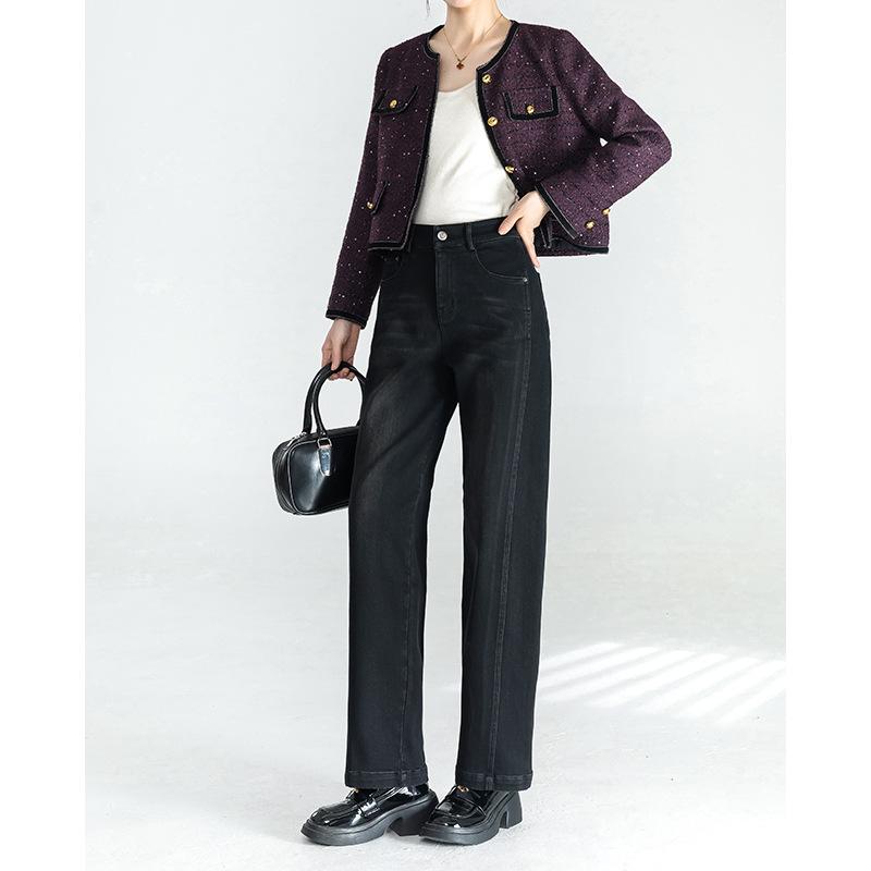 

Зимние джинсы-бананы с бархатной подкладкой для женщин, новые, с высокой посадкой, с разрезом, стройнящие, маленькие, свободные 3XL чёрный