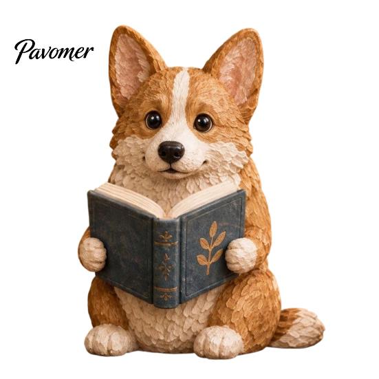 Reading Dog Decor Figurine, Cute Book Loving Puppy Sculpture for Bookshelf Nook Desk, Gift and Lovers Statue