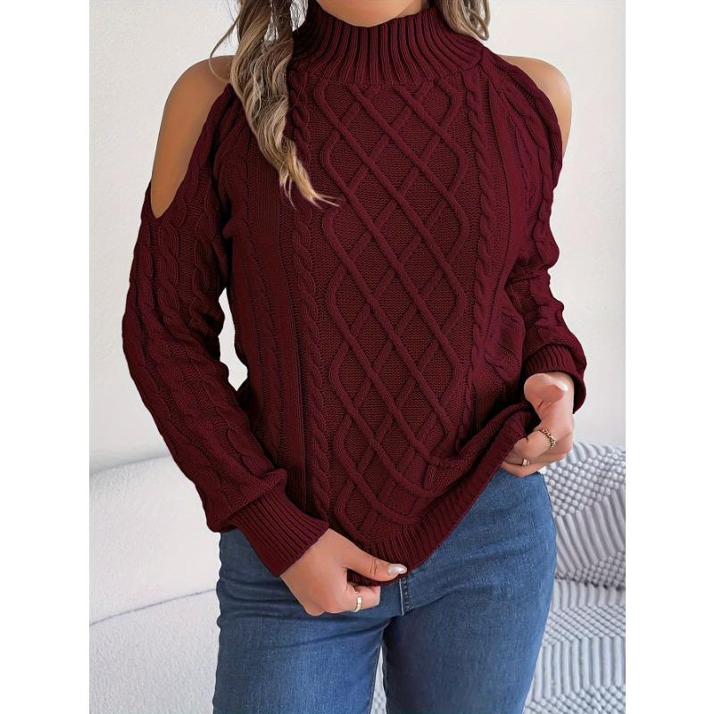 Women's Off-Shoulder High Neck Cable- Sweater - Soft Stretchy Long Sleeve Pullover, Solid Color Casual Chic Fall Winter Top, Highneck Pullover