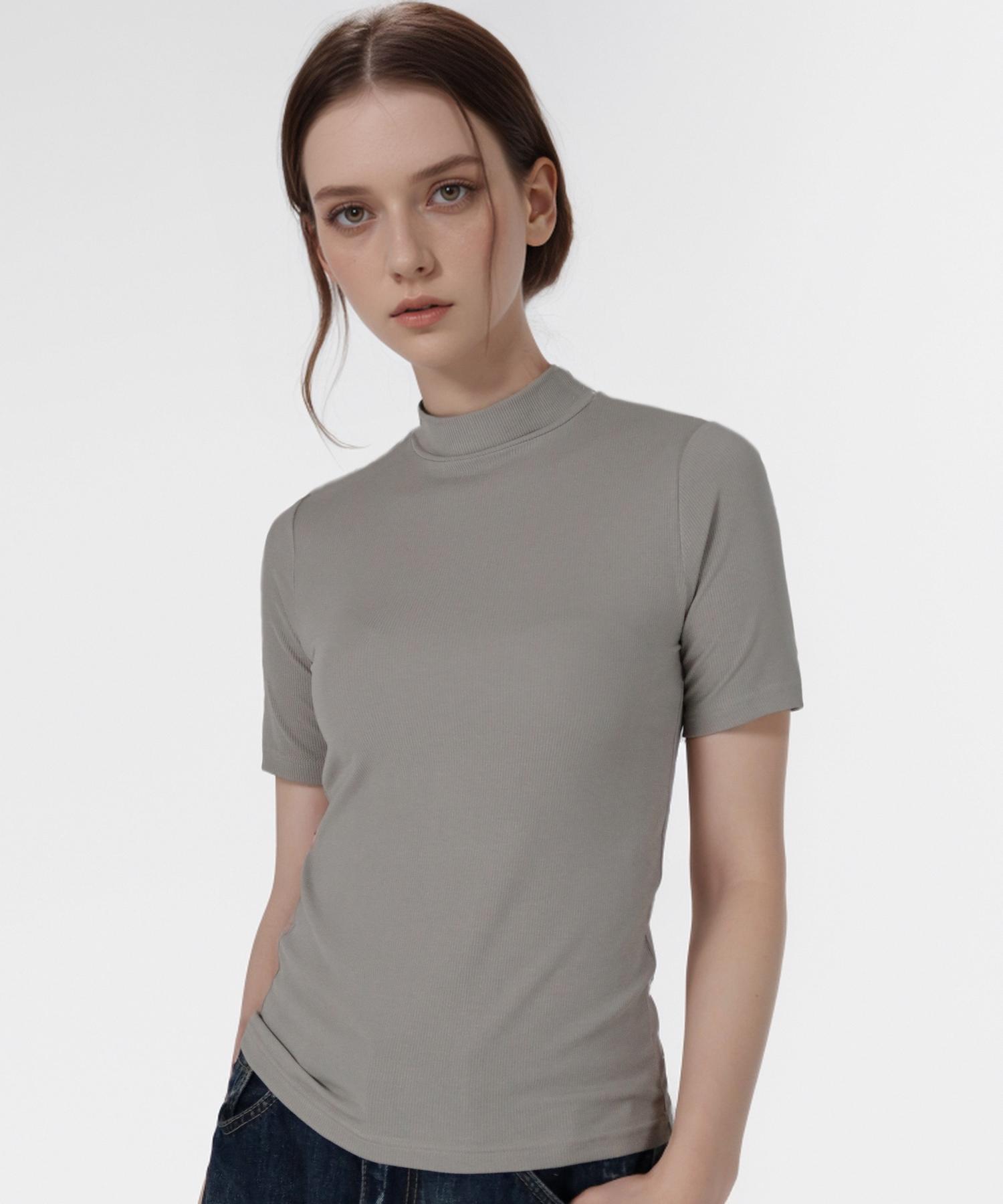 Just Haeng Tencel Basic Ribbed Mock Neck Short Sleeve T-Shirt [Khaki] Khaki/F