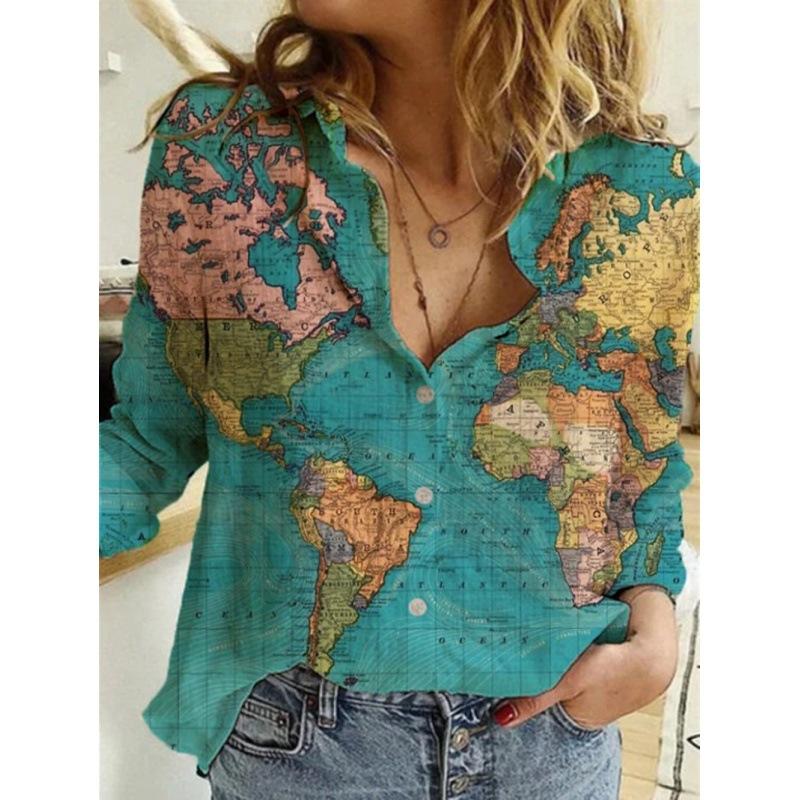 Women'S Map Print Shirt V-Neck Loose Short-Sleeved T-Shirt