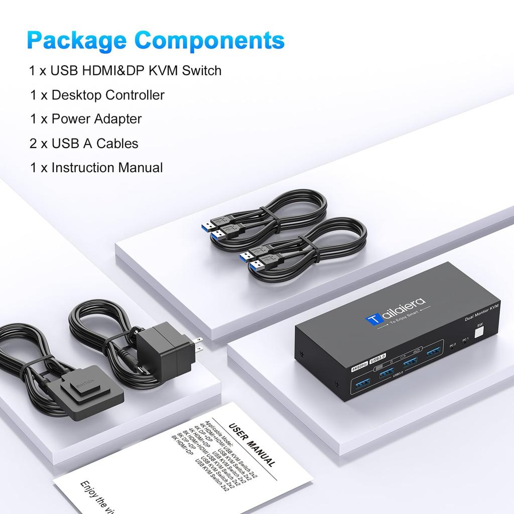 HDMI DP KVM Switch 4K@60Hz 2 Monitor 2 Computer, 2 Input 2 Output Switch, 4 USB 3.0 Ports for Sharing 2 Monitors/Keyboard/Mouse/Printer Between 2 Comp