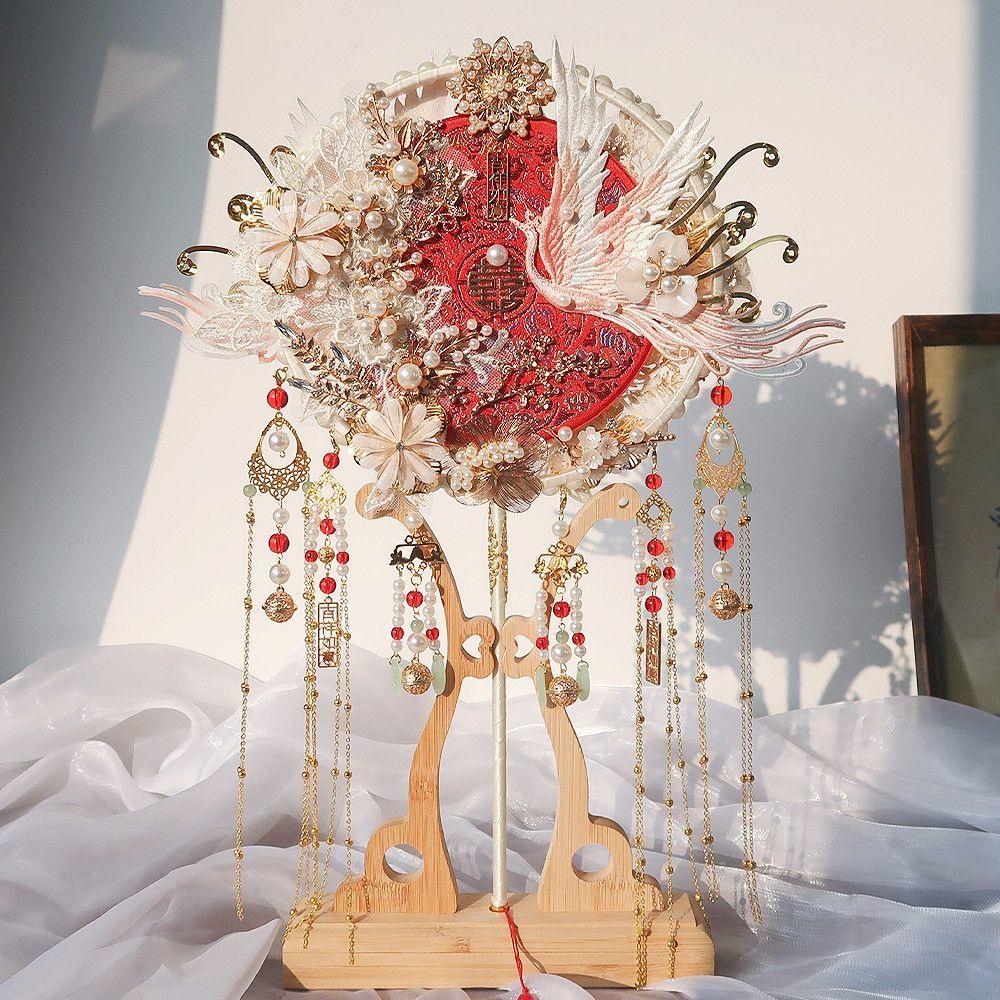 Double-Sided Two-Color Heavy Embroidery Round Bride Wedding Fan - Ancient Style Handmade Xiuhe Celebration Stainless Steel Weaving Fan