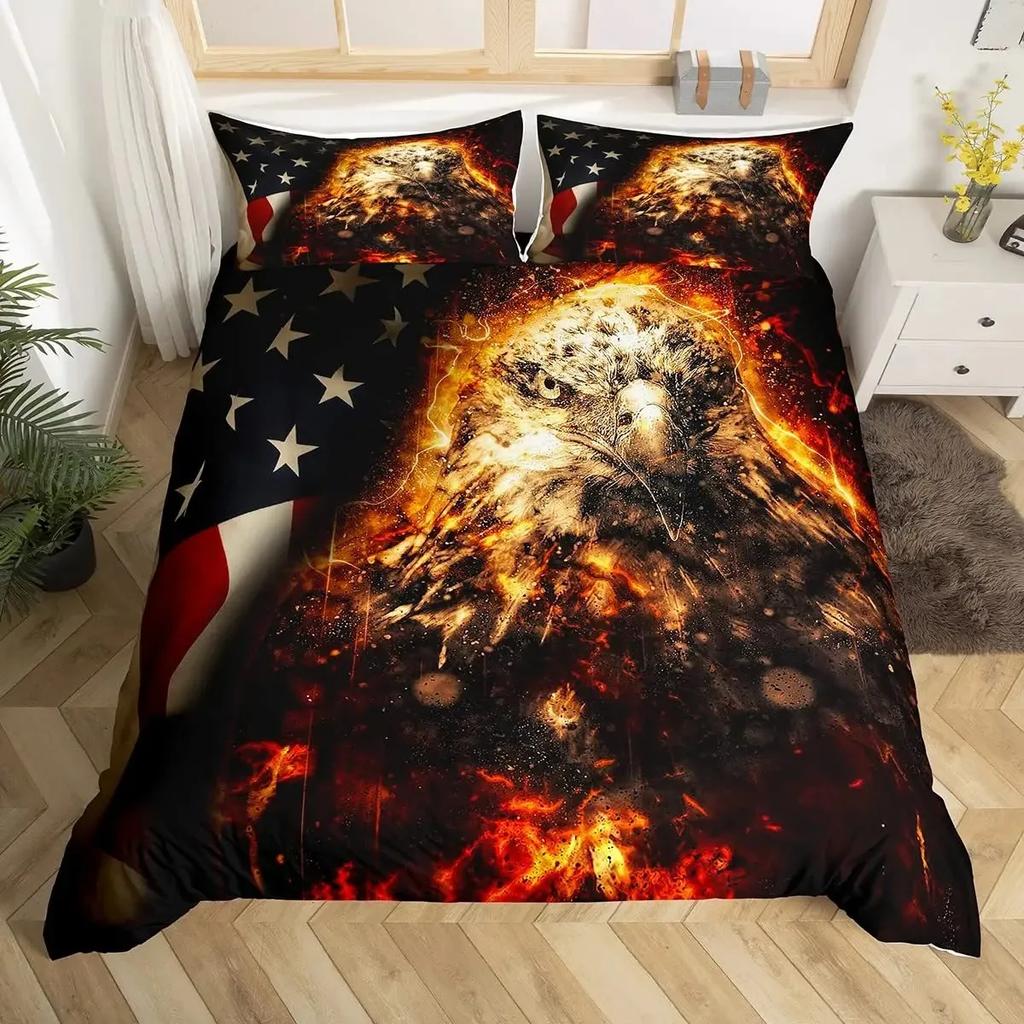 American Flag Duvet Cover Set Queen Size,Bald Eagle Bedding Sets Bird Animals Comforter Cover Waving Flag Bedspread Cover