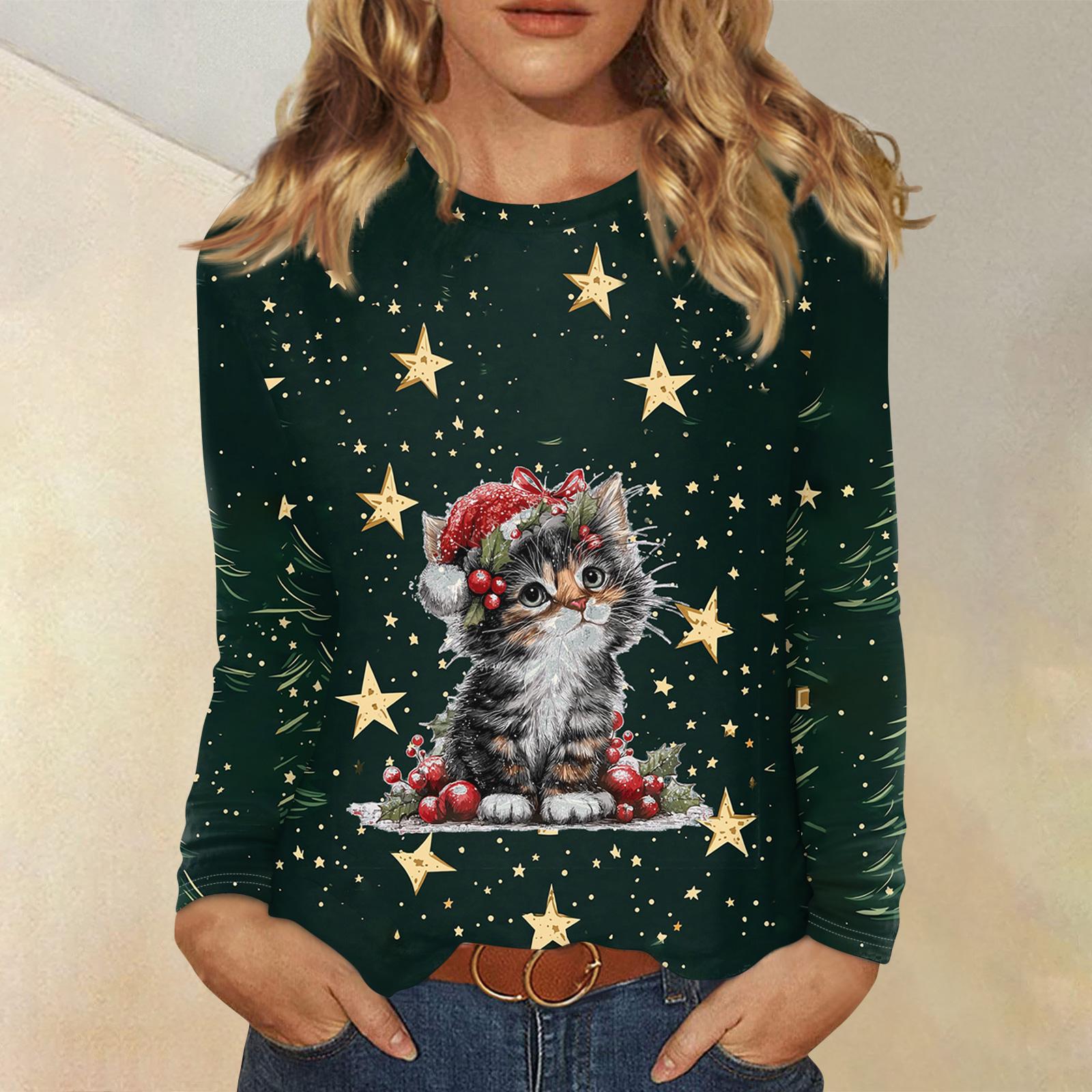 

Рубашки с длинным рукавом для женщин, милые футболки с графическим принтом, блузки, повседневные базовые топы больших размеров, пуловеры M темно-зеленого