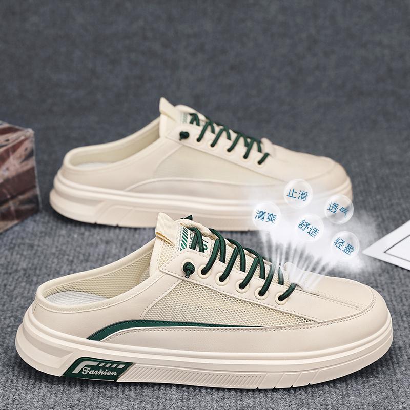 2025 Half Shoes For Men Mules Sandals Flat Summer Backless Loafers Slippers Man Slides Lace Up Mens Semi-Drag Casual Board Shoes