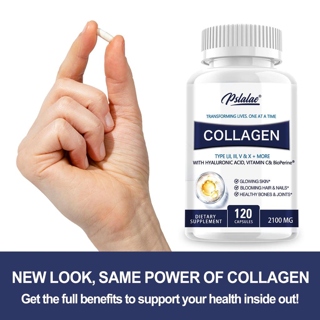 Premium Collagen Pills for Women - 120 Capsules, 2100 mg Grass Fed Collagen Supplements (Type I, II, III, V, X) + Vitamin C, Anti-Aging, Skin, Hair