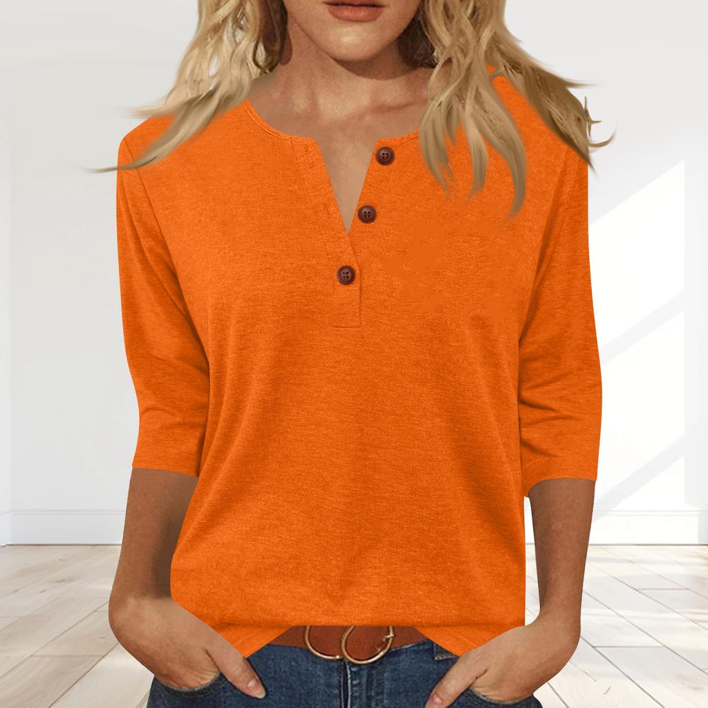 Women's Fashionable Casual Button-down Collar Three-quarter Sleeve T-shirt Top